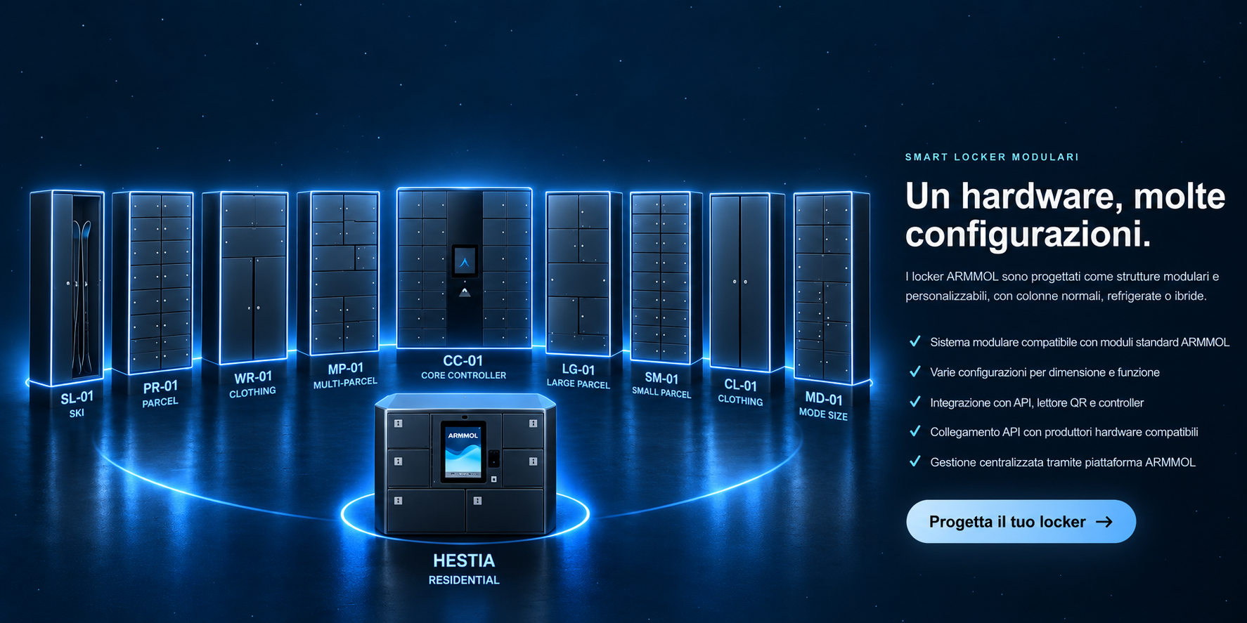Gamma modulare ARMMOL con CC-01 centrale, moduli locker di diverse configurazioni e HESTIA Residential in primo piano.